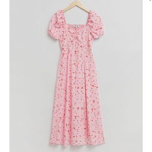 & Other Stories puff sleeve midi dress with split in pink floral